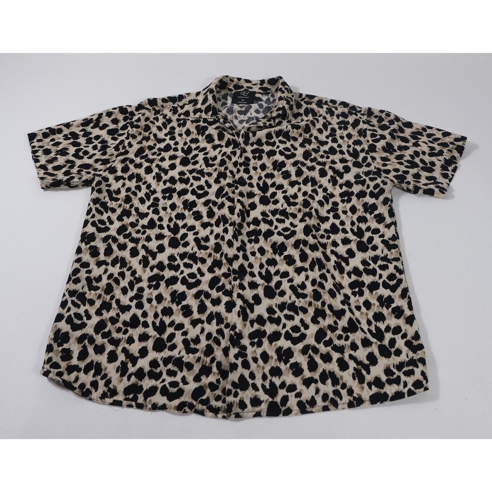Carbon Jeans Shirt Mens M Tan Leopard Print Short Sleeve Viscose Button Up Top